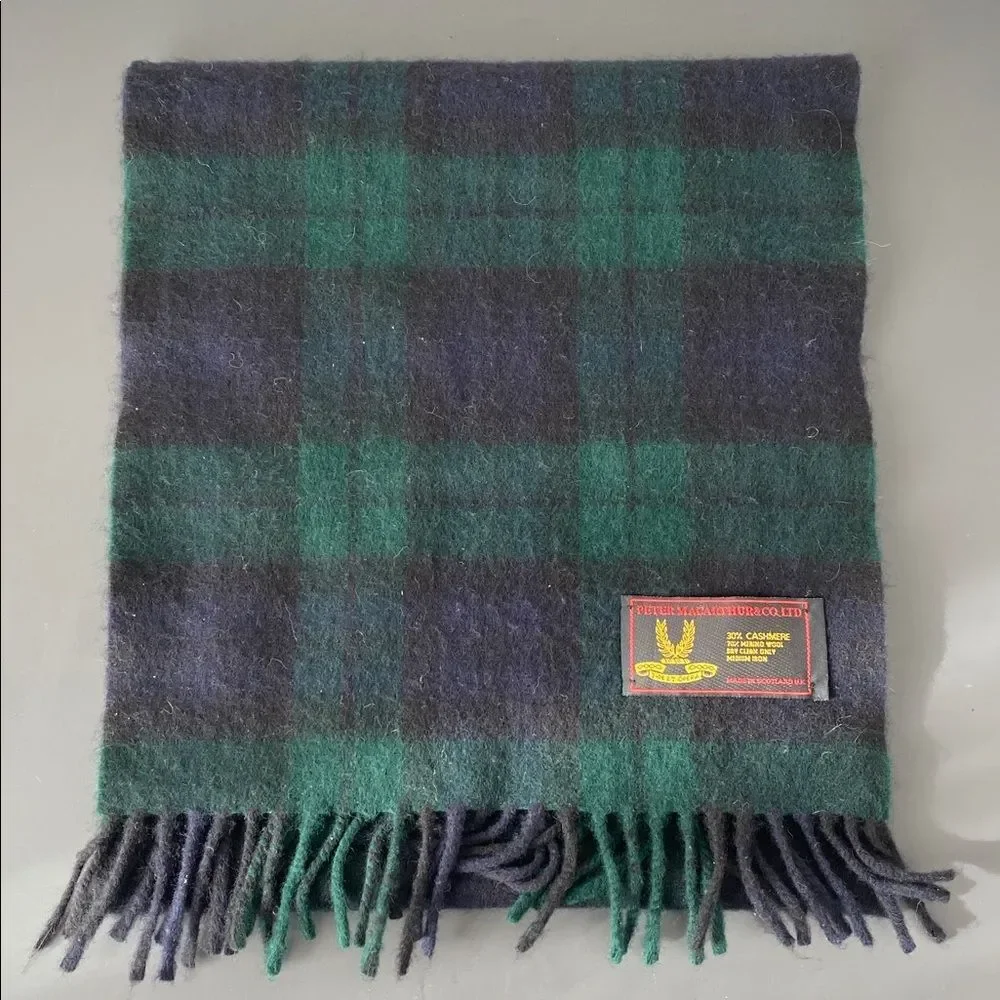 Peter MacArthur & Co. Plaid Tartan Cashmere Wool Scarf Black & Green Preppy Chic